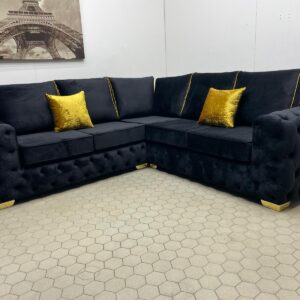 Black Velvet Corner Sofa with Gold Piping and Deep Tufting