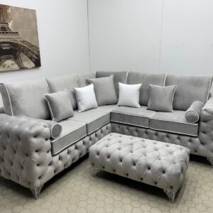 Light Grey Corner Sofa with White Piping and Matching Pouffe