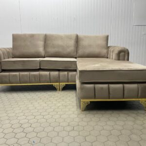 Soft Brown L-Shaped Sofa with Chaise & Gold Detail Feet