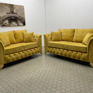 Pair of Luxury Yellow Sofas with Coordinating Cushions