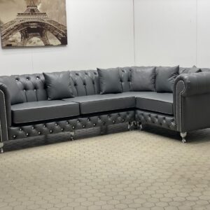 Grey Leather L-Shape Sofa with Silver Detailing