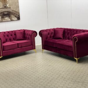 Pair of Red Velvet Chesterfield Sofas with Gold Detailing