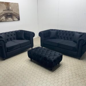 Pair of Black Velvet Chesterfield Sofas with Matching Pouffe