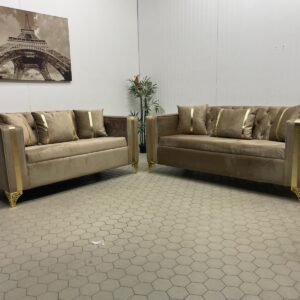 Luxurious Velvet Brown Sofa Set with Gold Accents