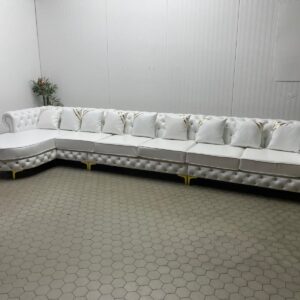 Long Ivory Leather Chesterfield Sofa with Gold Accents