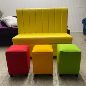Bright Yellow Booth Seating with Colourful Children’s Stools