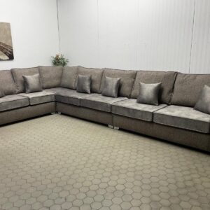 Large Stone L-Shaped Sofa in Leather and Woven Fabric