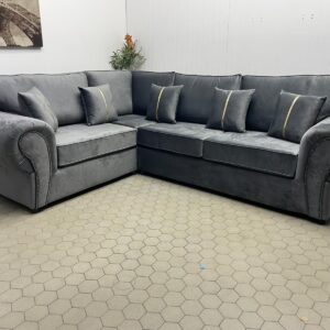 L-Shape Dark Grey Chesterfield Velvet Sofa