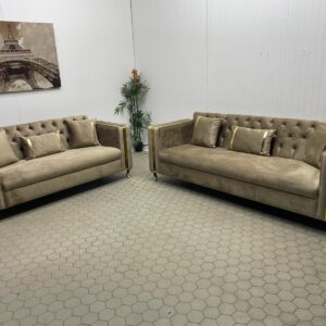 Luxurious Velvet Brown Sofa Set with Gold Accents