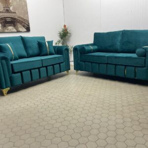 Pair of Turquoise 2-Seater Sofas with Gold Detailing