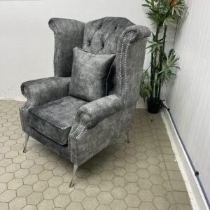 Dark Grey Velvet Armchair with Silver Detailing