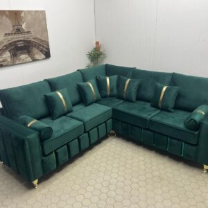 Spacious Green Corner Sofa with Gold Detailing