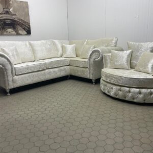 Ivory Chesterfield L-Shaped Sofa Set with Matching Circular Chair