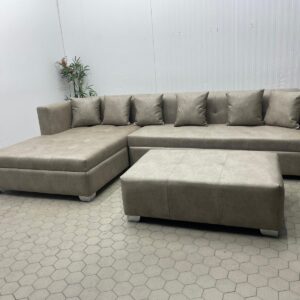 Stone L-Shaped Sofa with Chaise Section and Pouffe