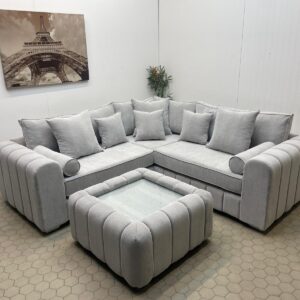 Light Grey Corner Sofa with Matching Coffee Table and Cushions