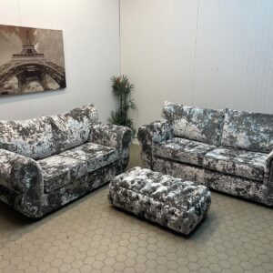 Pair of Crushed Velvet Sofas with Matching Pouffe