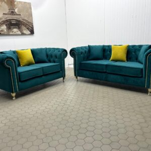 Pair of Turquoise Chesterfield 2-Seater Sofas with Coordinating Cushions