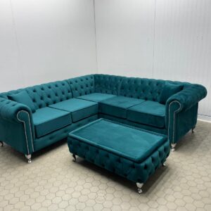 Turquoise Velvet 5-Seater Corner Sofa with Matching Coffee Table