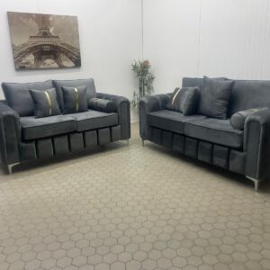 Pair of Dark Grey 2-Seater Sofas with Gold Accents