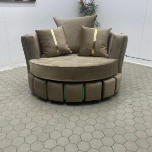 Curved Light Brown Accent Chair with Gold Detailing