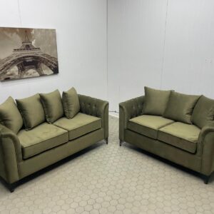 Pair of Olive Green Sofas with Matching Cushions