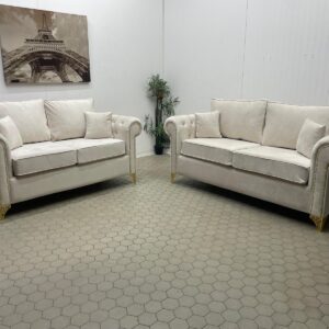 Pair of Cream Sofas with Coordinating Cushions