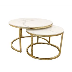 Nesting Coffee Tables with Circular Marble Top and Gold Low Profile Base