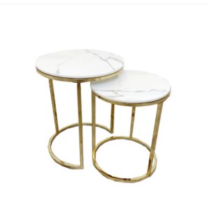 Nesting Coffee Tables with Circular Marble Top and Gold Frame